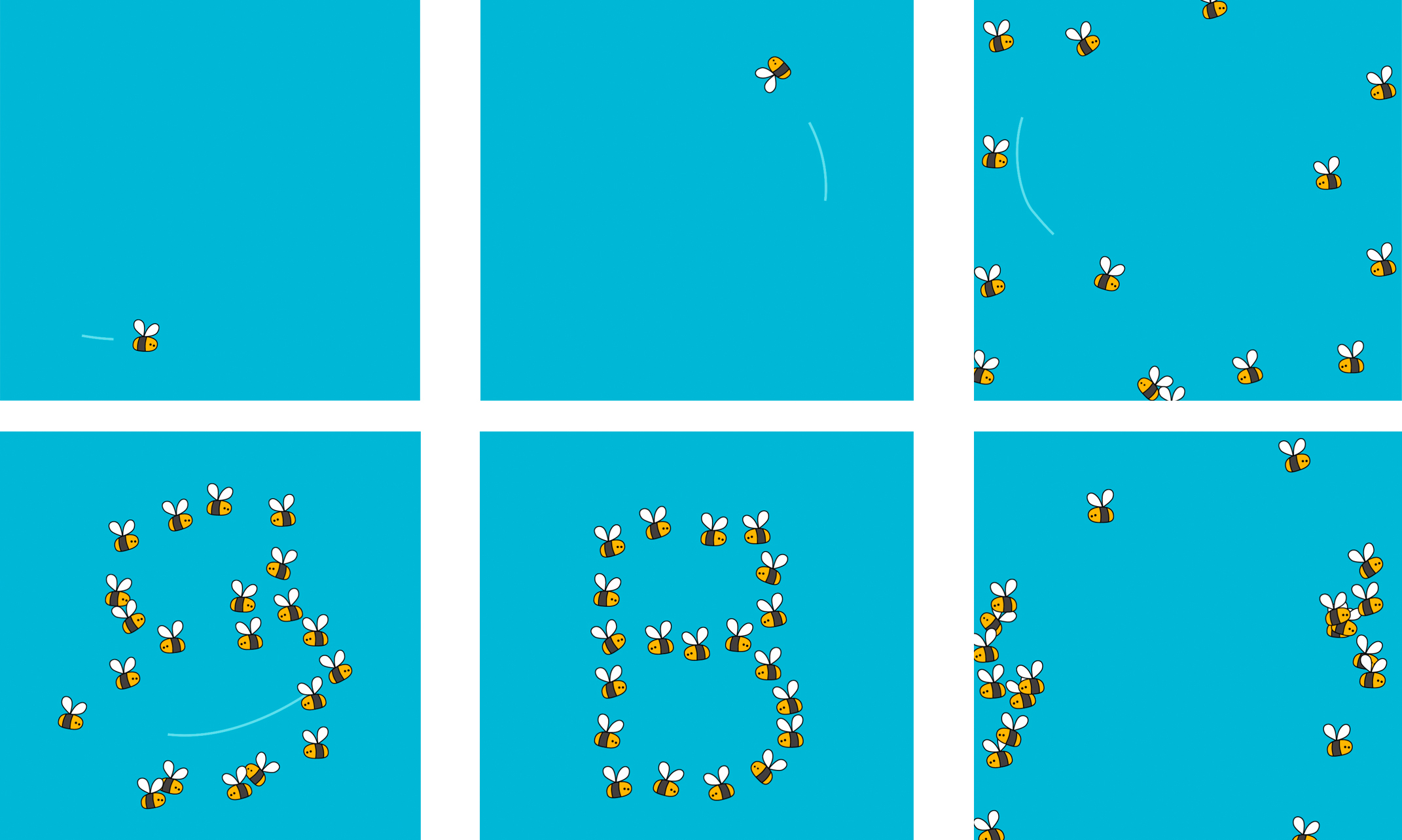 Link to Steph Jones' work blog. Image shows six stages of animation showing Bees flying in to form the shape of the letter B