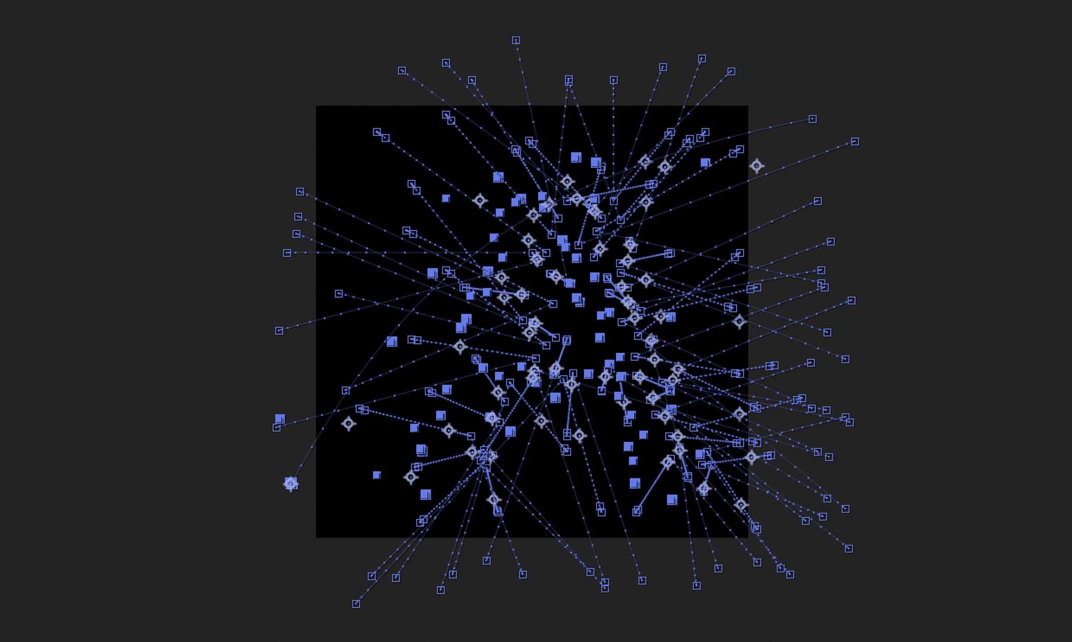 A screenshot from an animation program showing 61 different key-framed stars and their paths to the final shape of the letter A