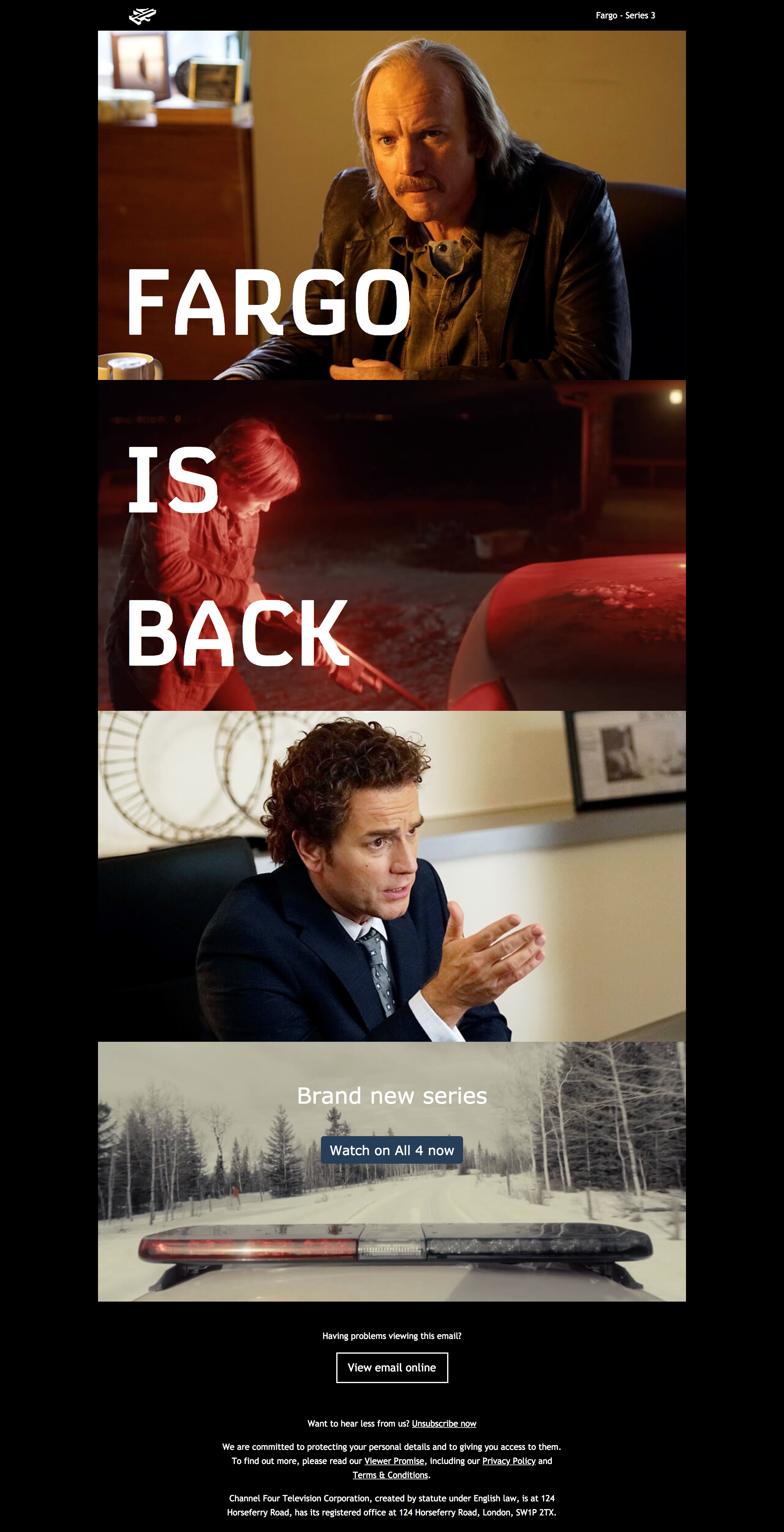 Large images from the series Fargo on a black background, with the copy 'Fargo is Back'