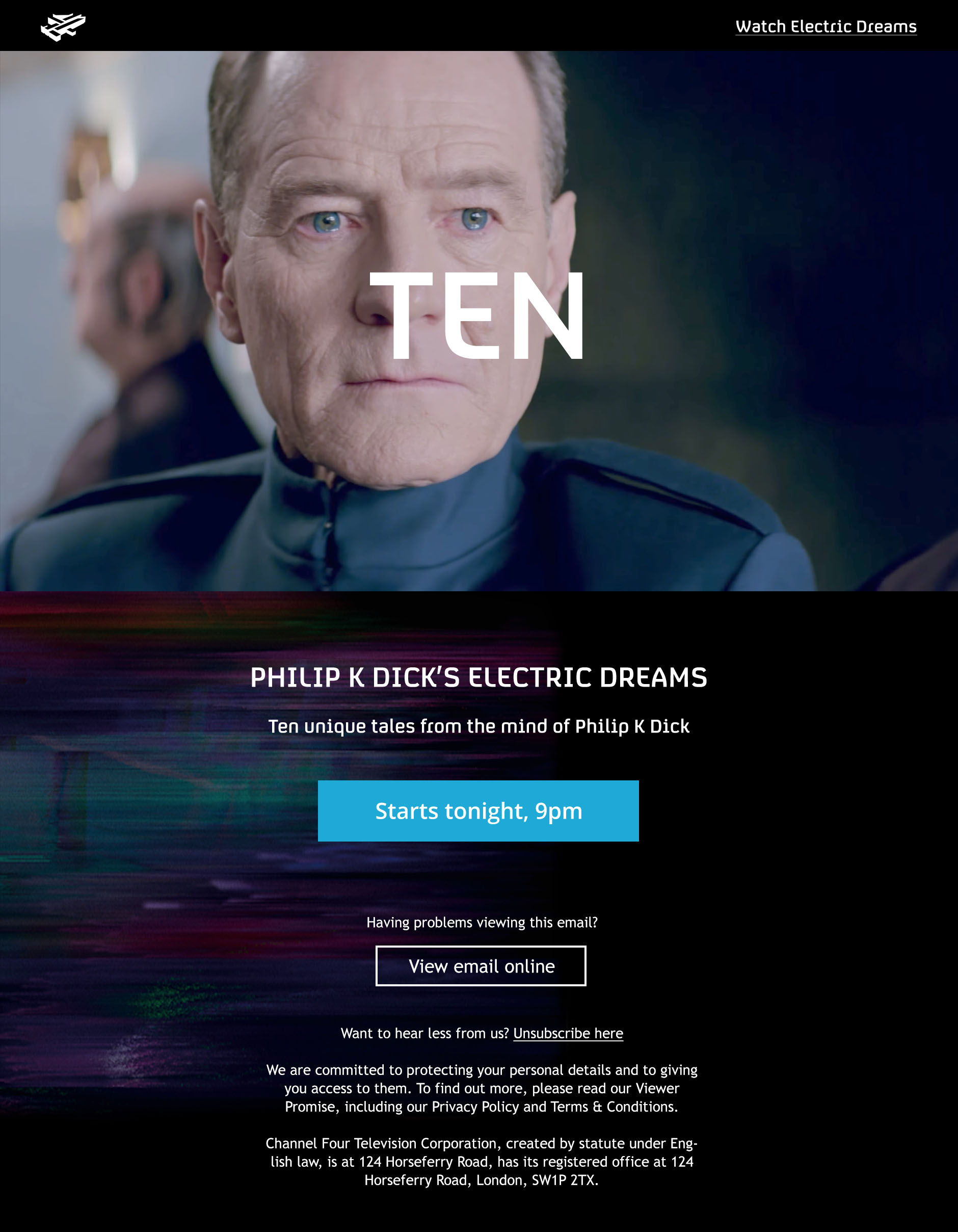 Large image of the main star from Electric Dreams, with the copy 'Philip K Dick's Electric dreams'