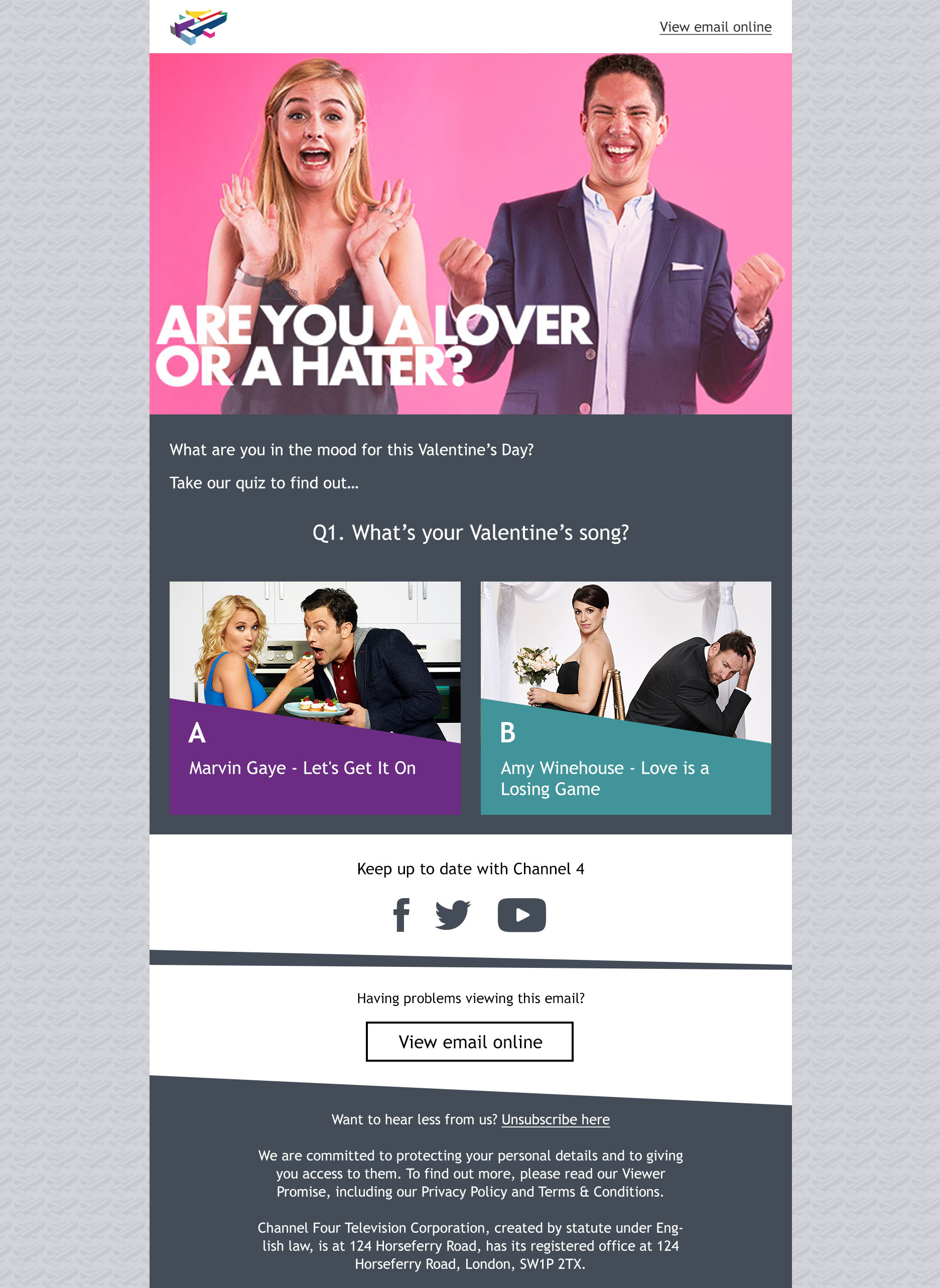 An email opening with a picture of a couple, asking the user 'Are you a lover or a hater' as a valentines Day quiz follows