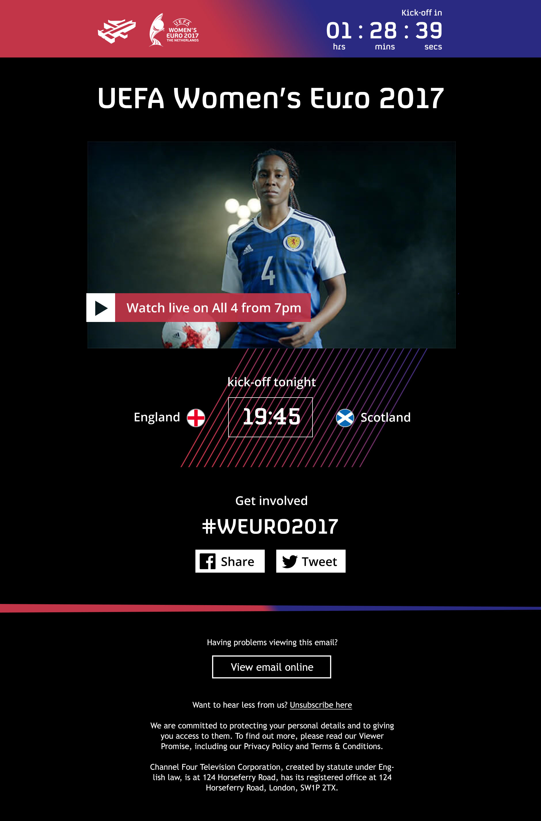 An email showing a countdown timer, with a large image of a footballer. EUFA Woman's Euro 2017
