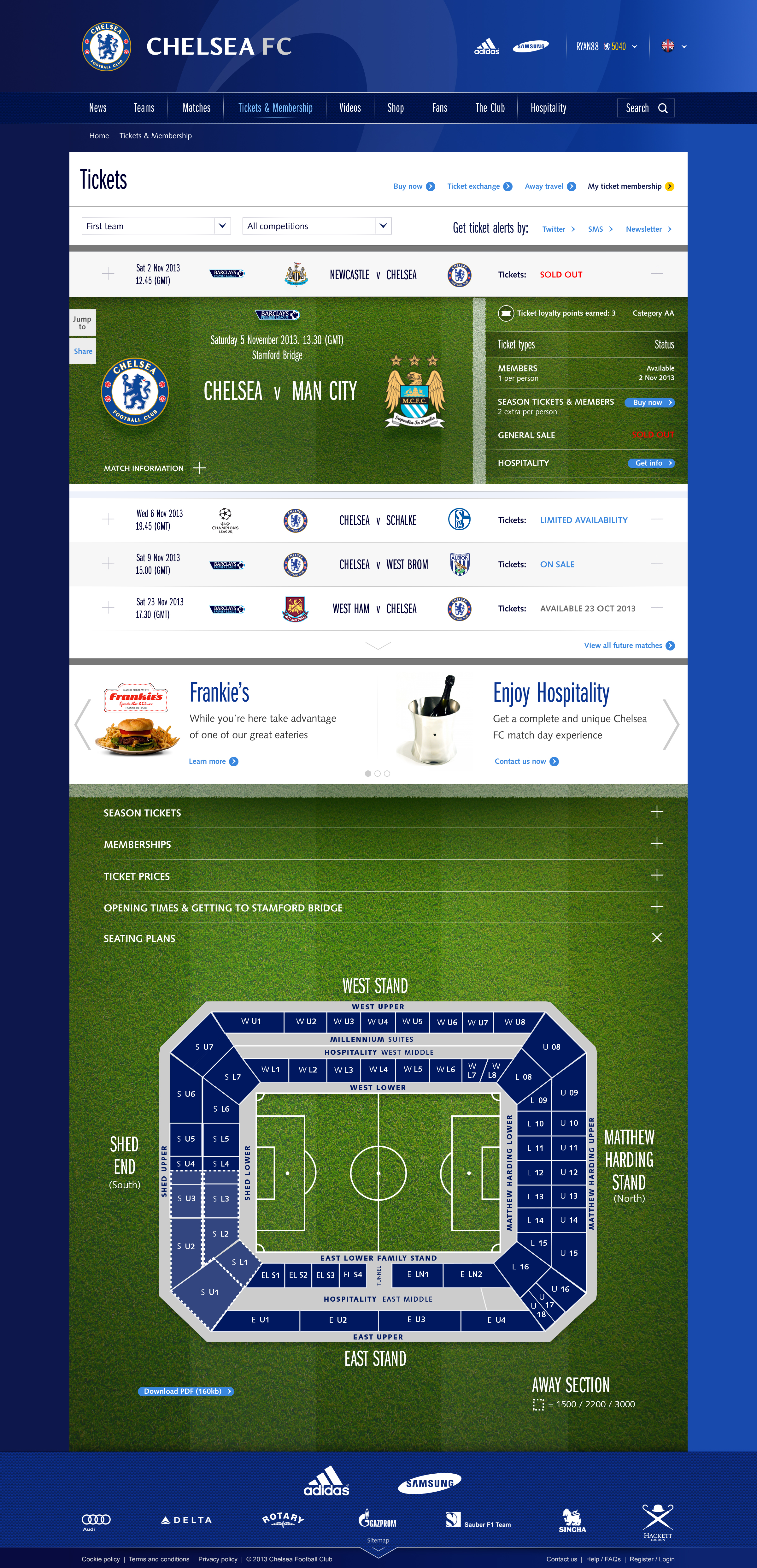 A website page showing the tickets available to buy, there is also a large coloured seating map to aid the user