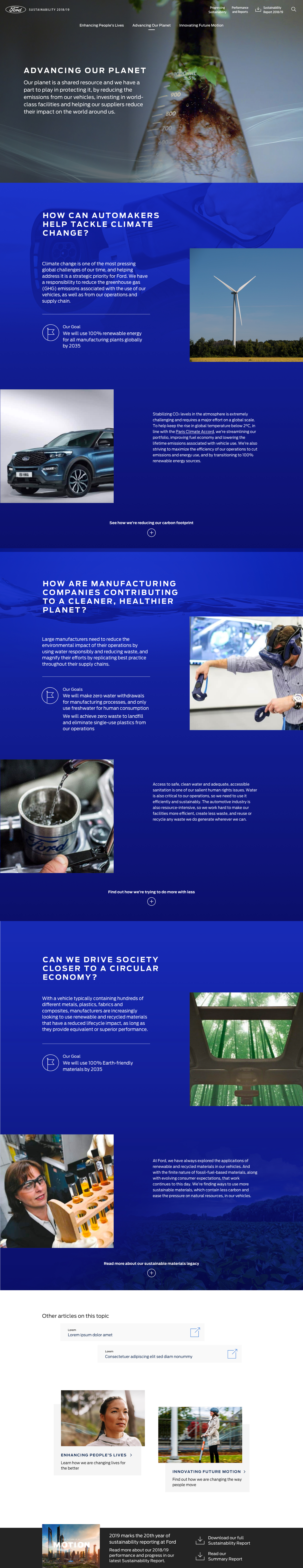 A page showing the content 'Advancing our planet' with images and data around Ford's goals for sustainability