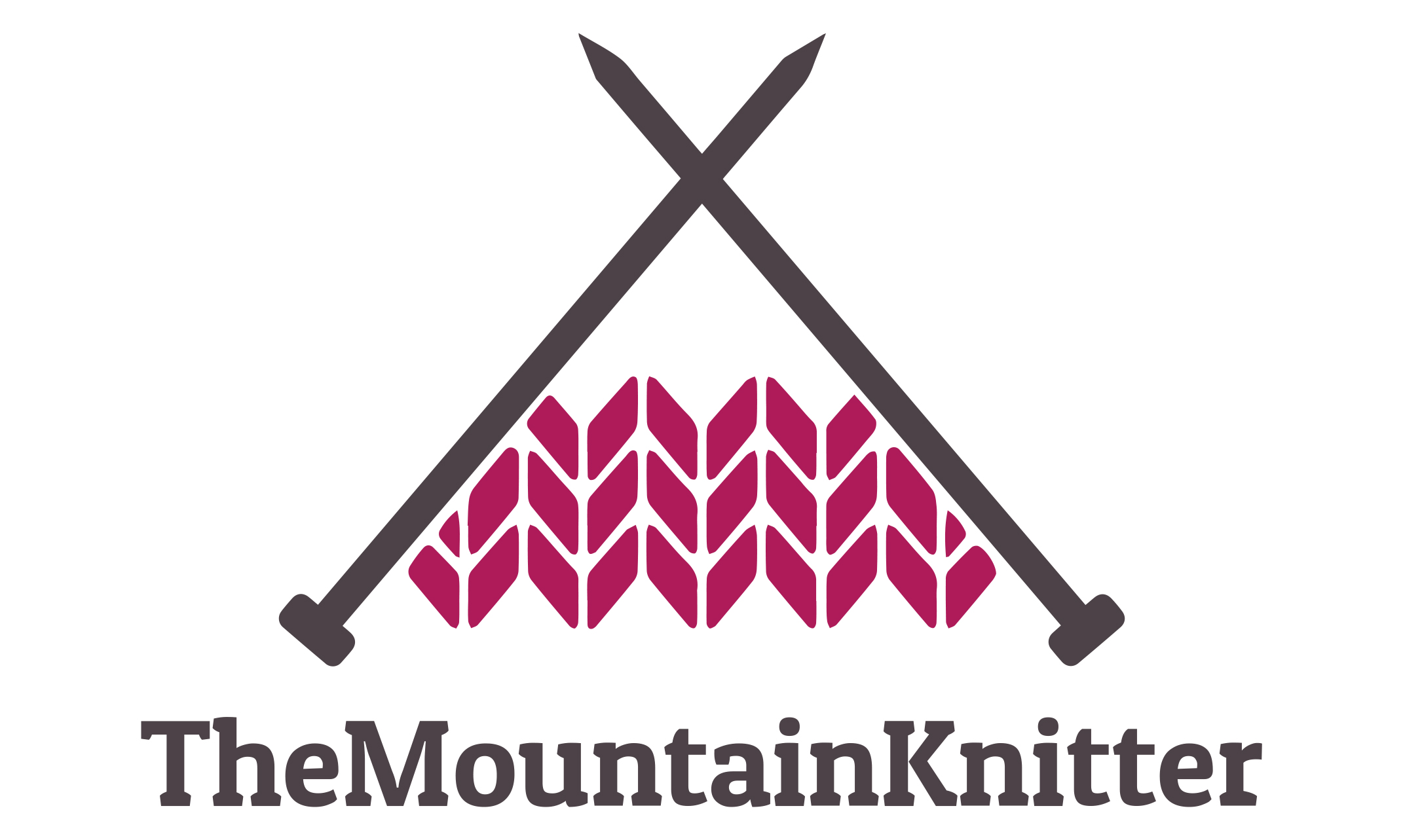 A logo design that uses two knitting needles to make up the shape of a mountain, with wool between them using white-space to make a snow shape. Copy says 'The Mountain Knitter'