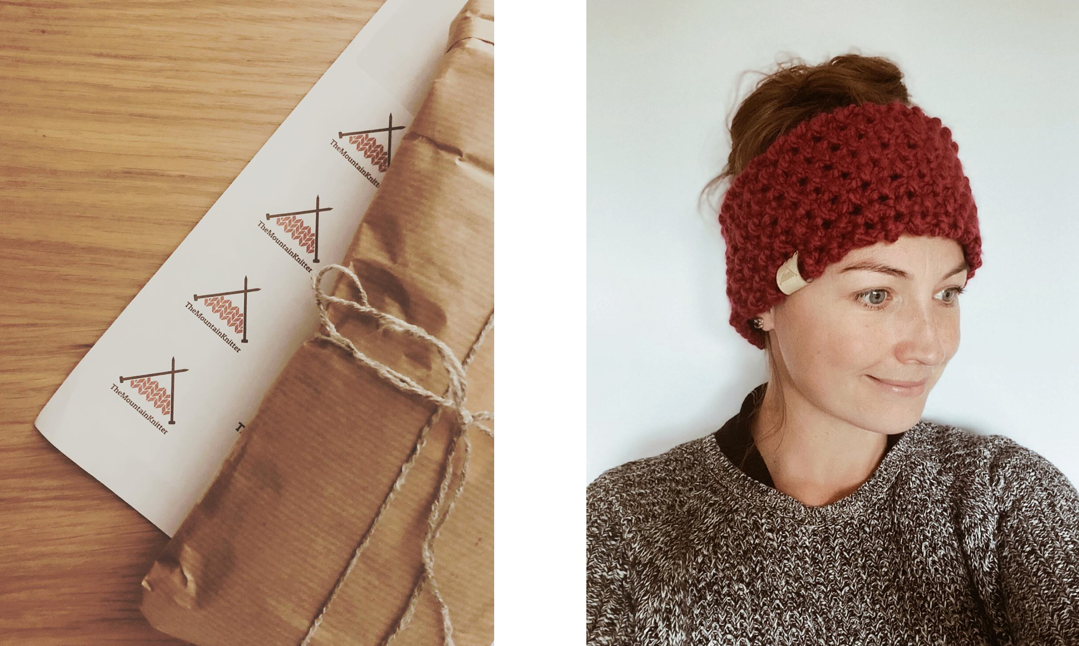 Two images in one. The left shows paper based labels with The Mountain Knitter logo on them alongside a brown paper package tied with string. On the right is a woman wearing a red knitted hat showing the small faux-leather label on the side.